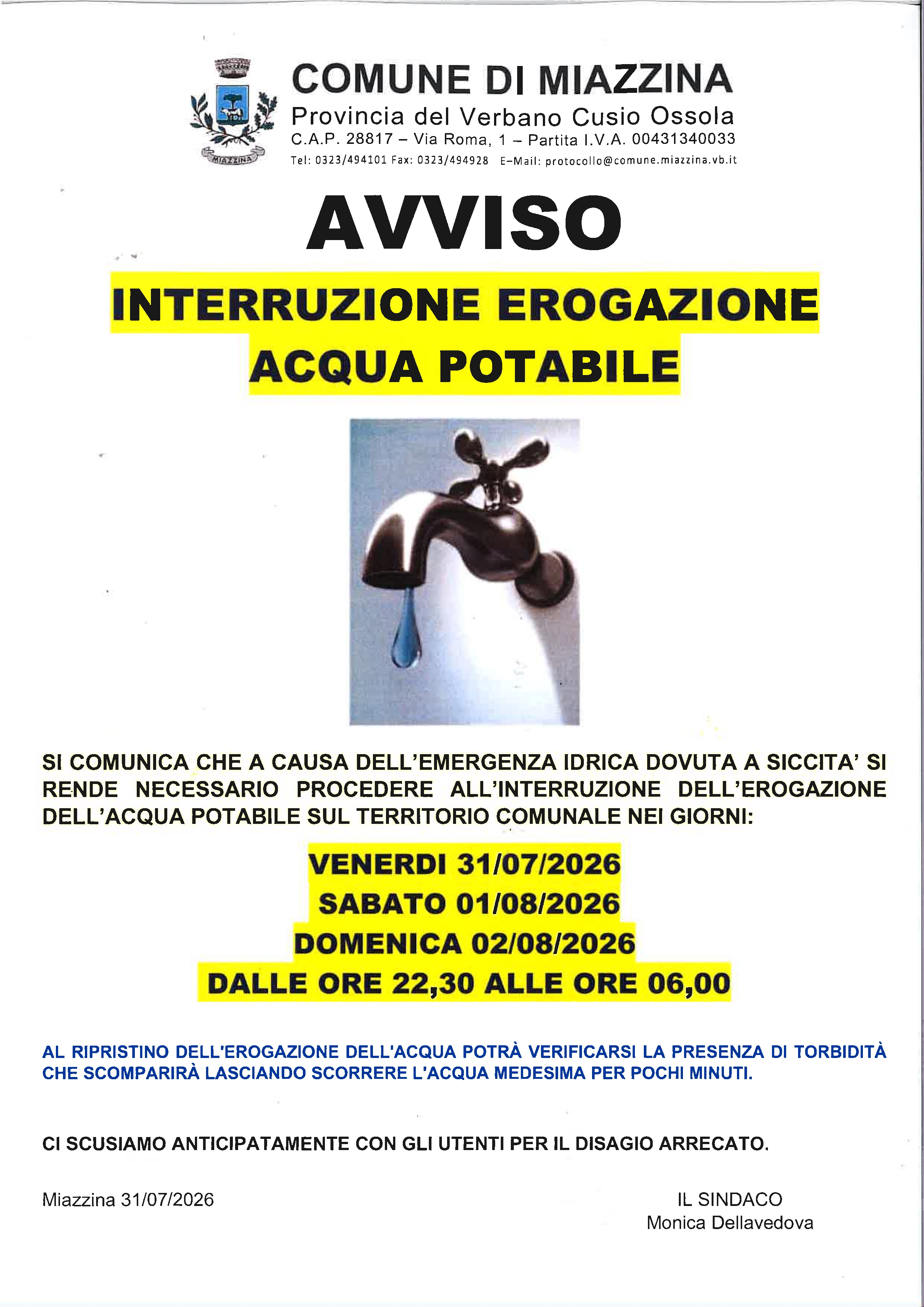 Avviso interruzione erogazione Acqua Potabile
