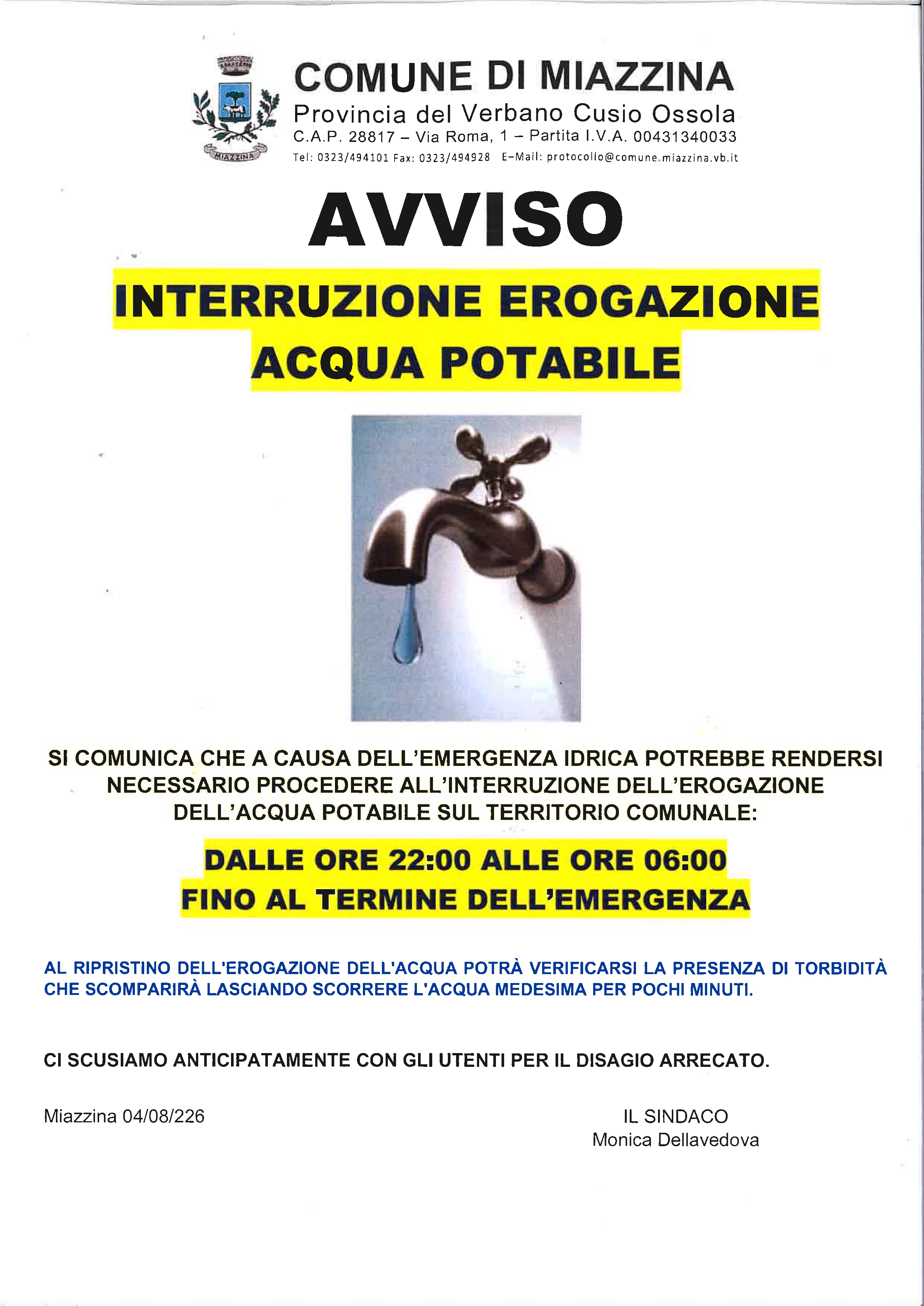 Avviso interruzione erogazione Acqua Potabile