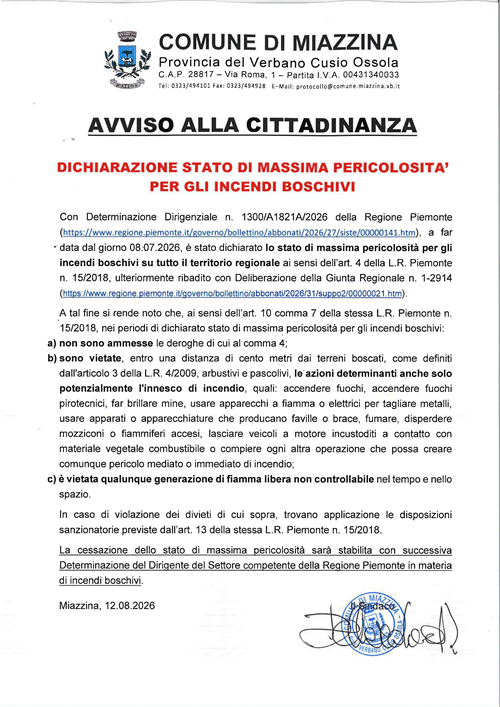 Dichiarazione stato di massima pericolosità per gli incendi boschivi